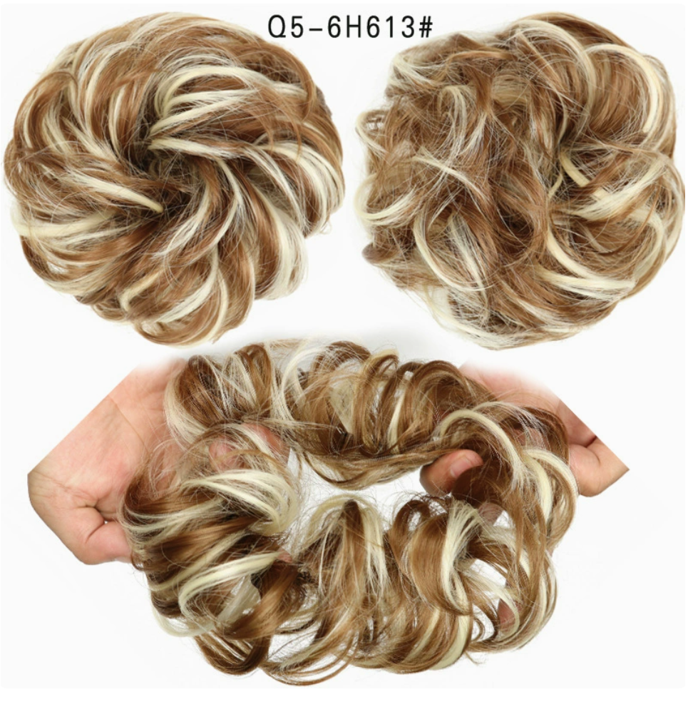 Q5 curly synthetic bun scrunchie, color 6H613; multiple views of one hairpiece. One piece per order.
