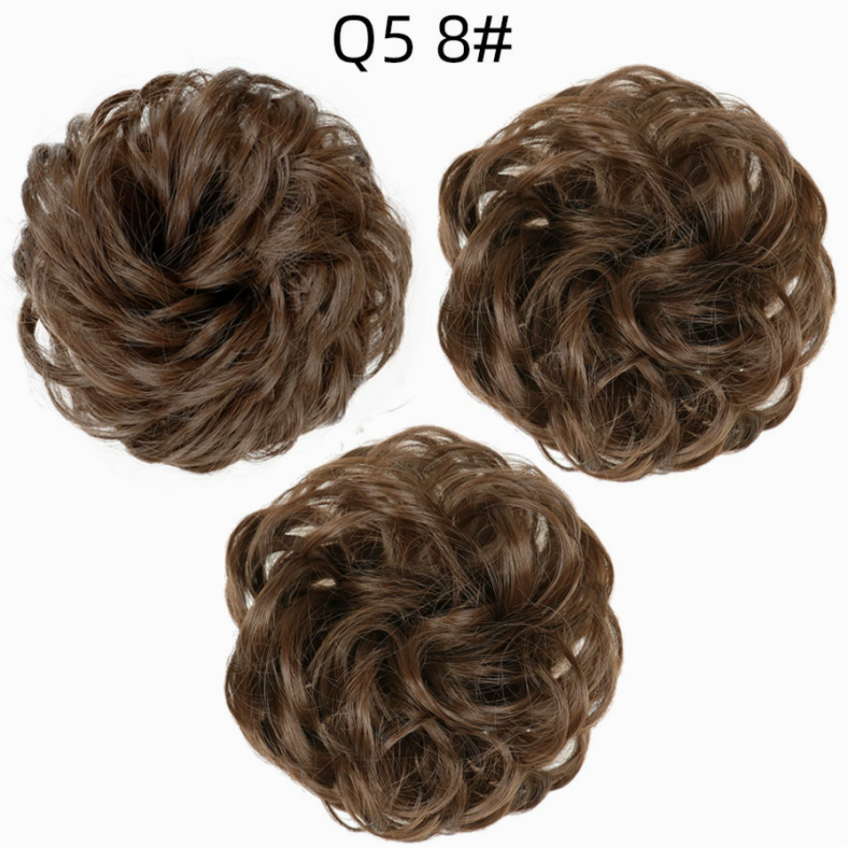 Q5 curly synthetic bun scrunchie, color 8; multiple views of one hairpiece. One piece per order.