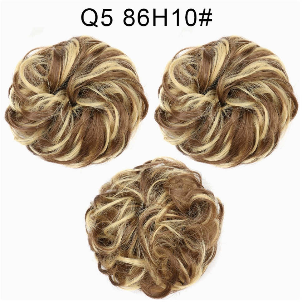 Q5 curly synthetic bun scrunchie, color 86H10; multiple views of one hairpiece. One piece per order.
