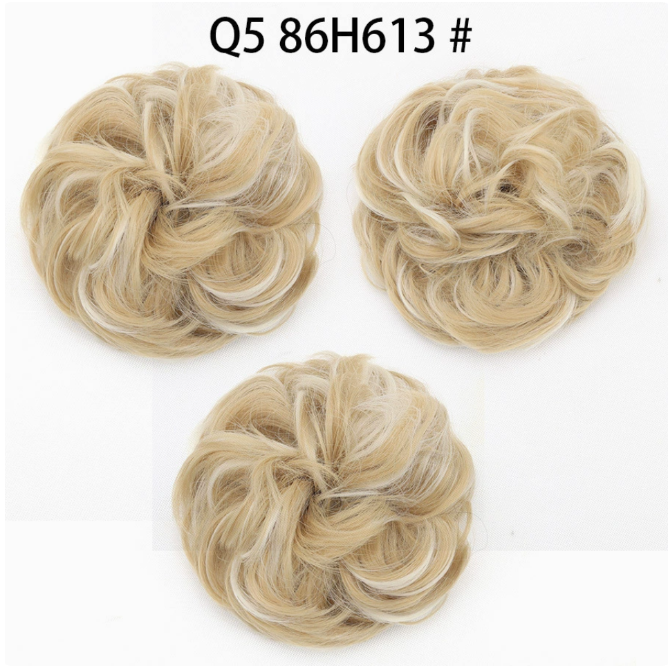 Q5 curly synthetic bun scrunchie, color 86H613; multiple views of one hairpiece. One piece per order.