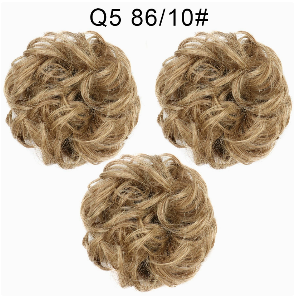 Q5 curly synthetic bun scrunchie, color 86T10; multiple views of one hairpiece. One piece per order.