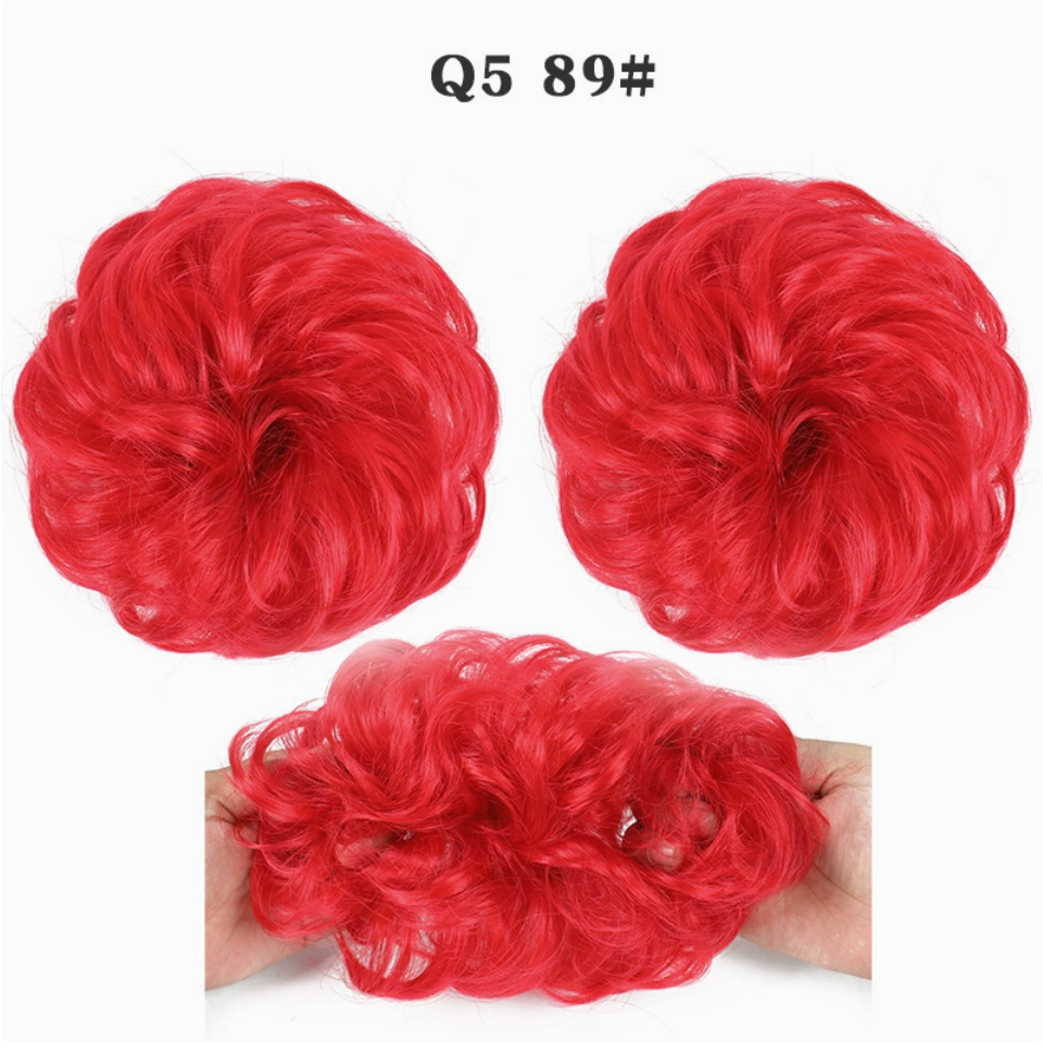 Q5 curly synthetic bun scrunchie, color 89; multiple views of one hairpiece. One piece per order.