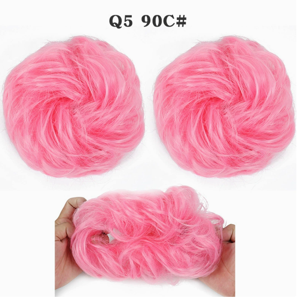 Q5 curly synthetic bun scrunchie, color 90C; multiple views of one hairpiece. One piece per order.