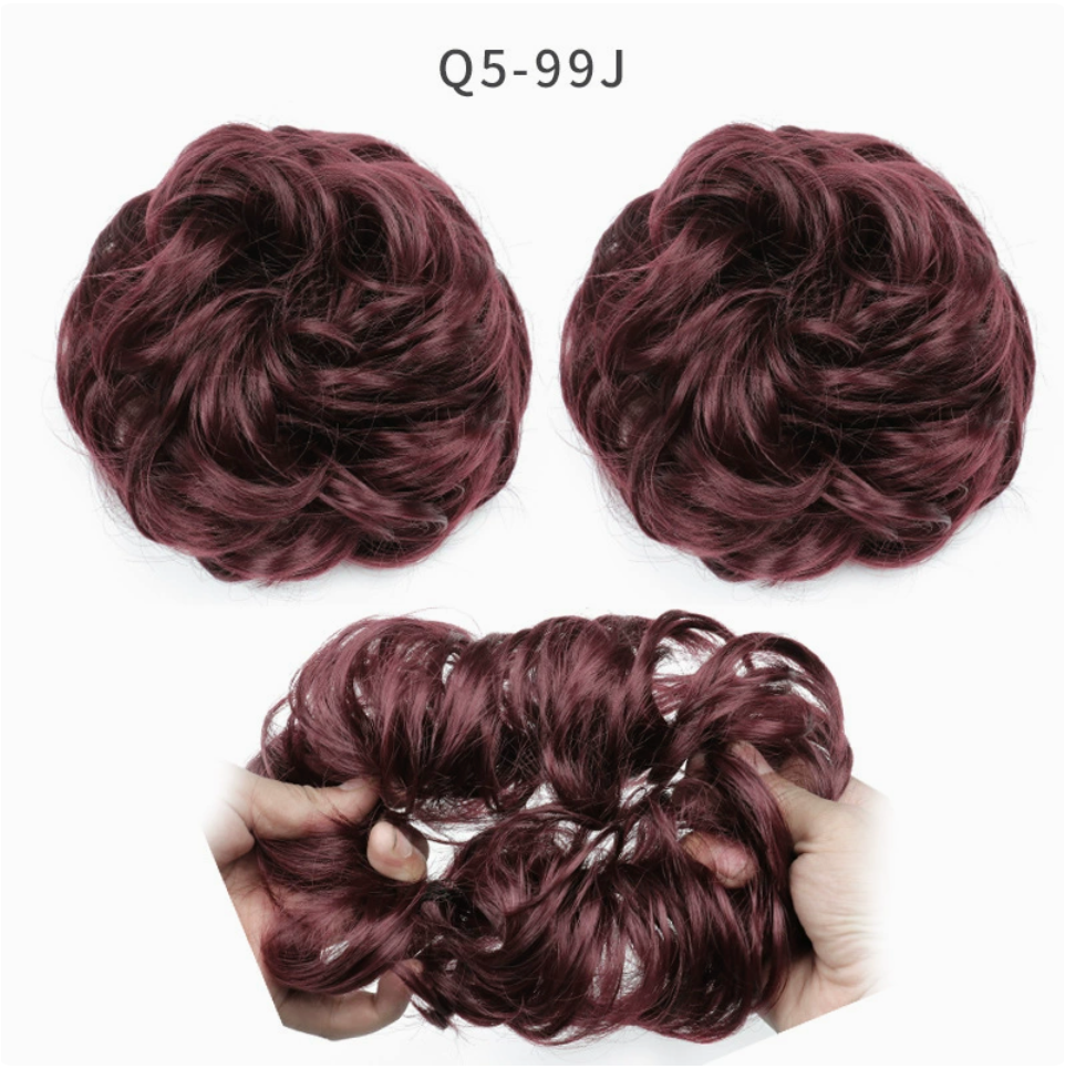 Q5 curly synthetic bun scrunchie, color 99J; multiple views of one hairpiece. One piece per order.