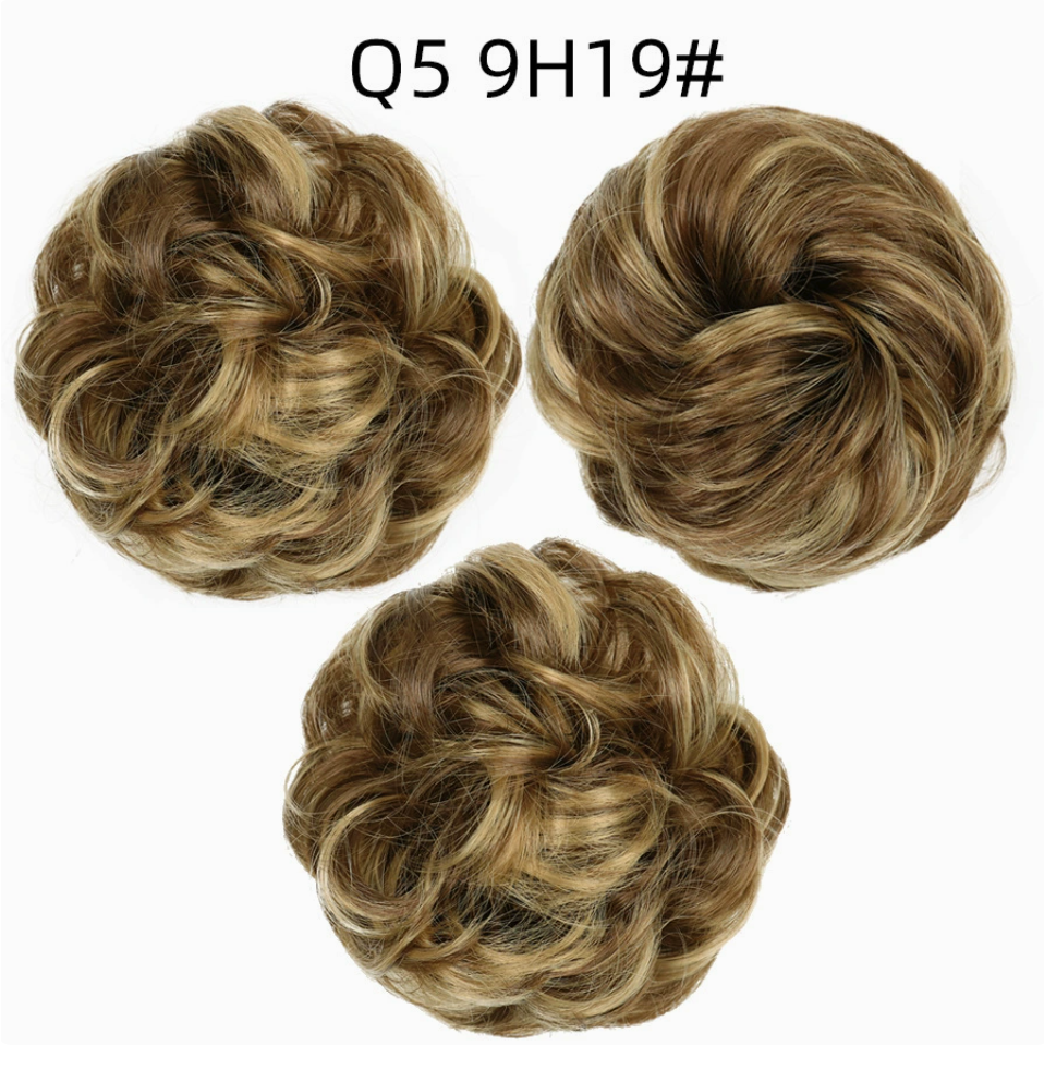 Q5 curly synthetic bun scrunchie, color 9H19; multiple views of one hairpiece. One piece per order.
