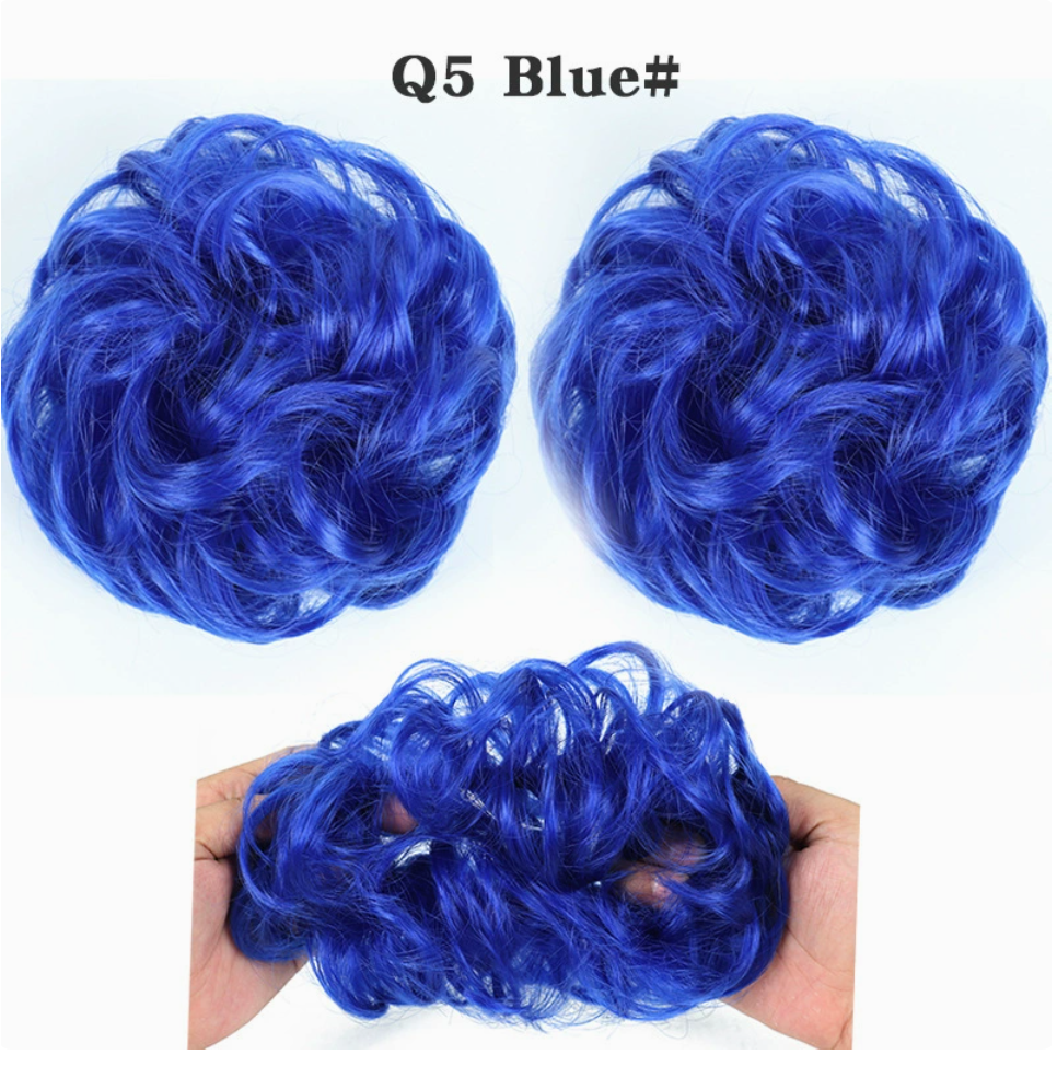 Q5 curly synthetic bun scrunchie, color Blue; multiple views of one hairpiece. One piece per order.