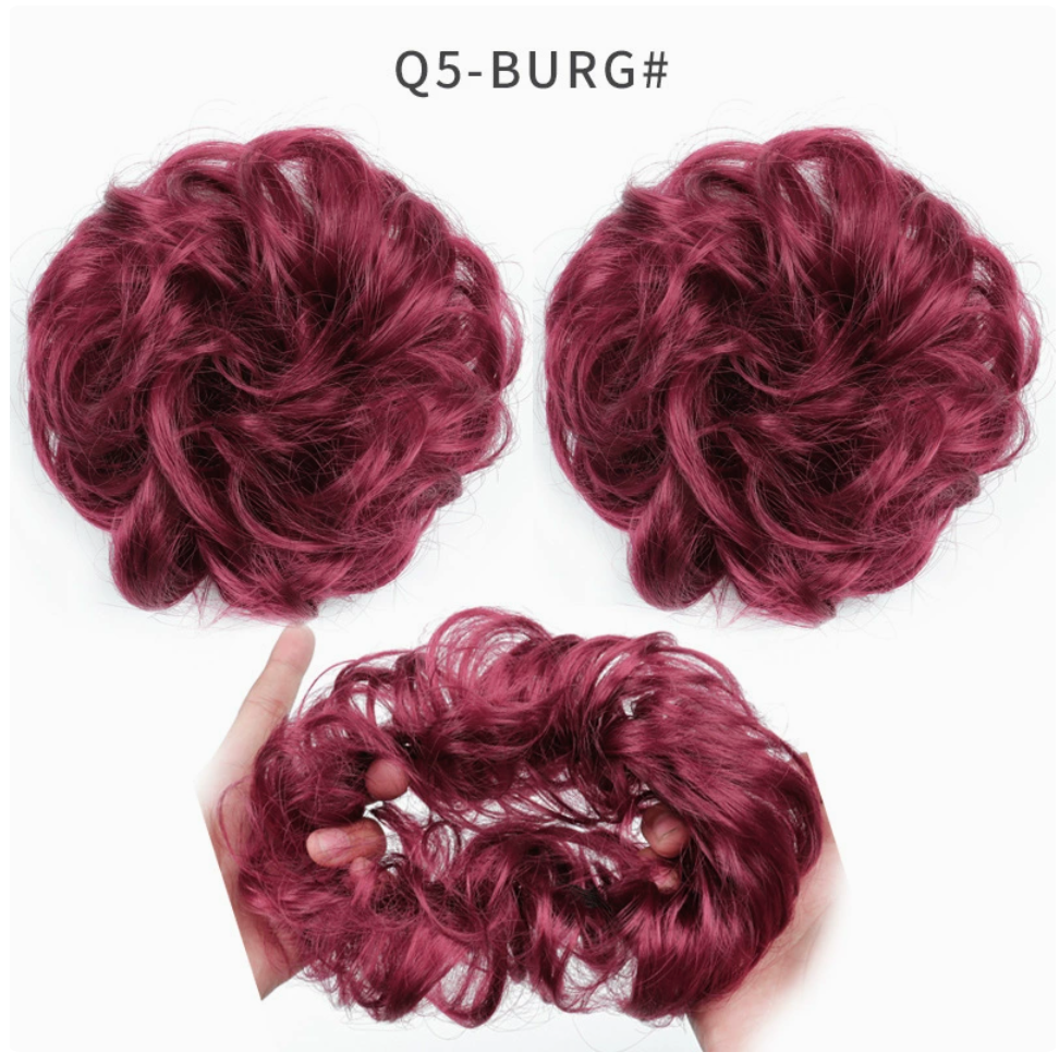 Q5 curly synthetic bun scrunchie, color Burg; multiple views of one hairpiece. One piece per order.