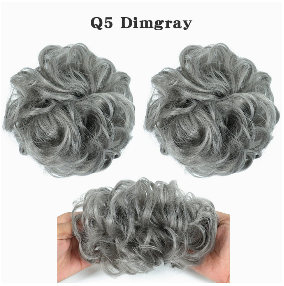 Q5 curly synthetic bun scrunchie, color Dimgray; multiple views of one hairpiece. One piece per order.
