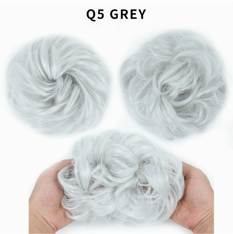 Q5 curly synthetic bun scrunchie, color Grey; multiple views of one hairpiece. One piece per order.