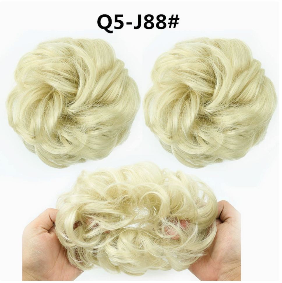 Q5 curly synthetic bun scrunchie, color J88; multiple views of one hairpiece. One piece per order.