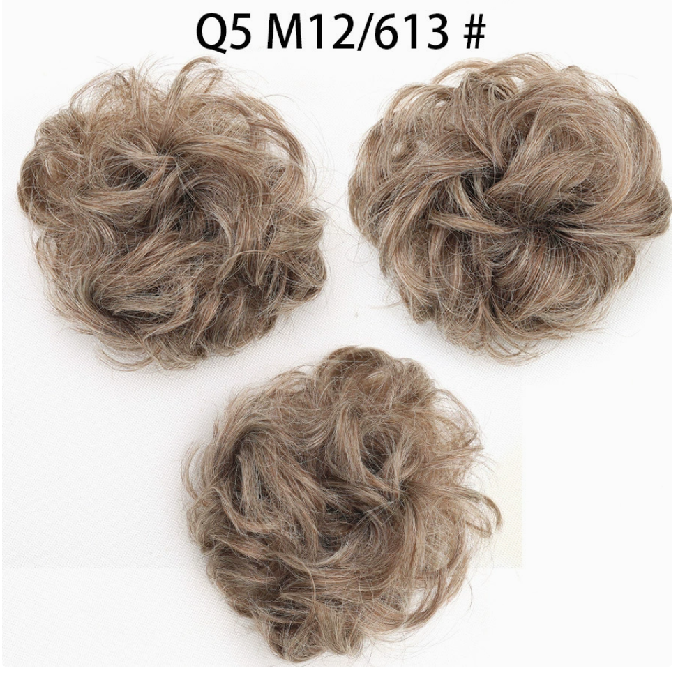 Q5 curly synthetic bun scrunchie, color M12/613; multiple views of one hairpiece. One piece per order.