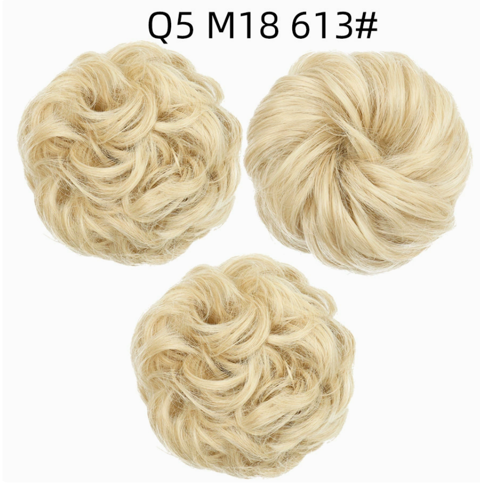 Q5 curly synthetic bun scrunchie, color M18/613; multiple views of one hairpiece. One piece per order.