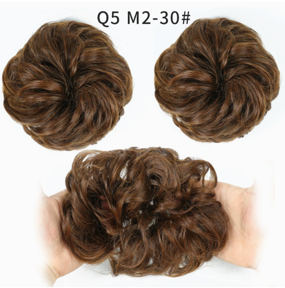 Q5 curly synthetic bun scrunchie, color M2/30; multiple views of one hairpiece. One piece per order.