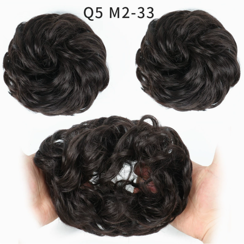 Q5 curly synthetic bun scrunchie, color M2/33; multiple views of one hairpiece. One piece per order.