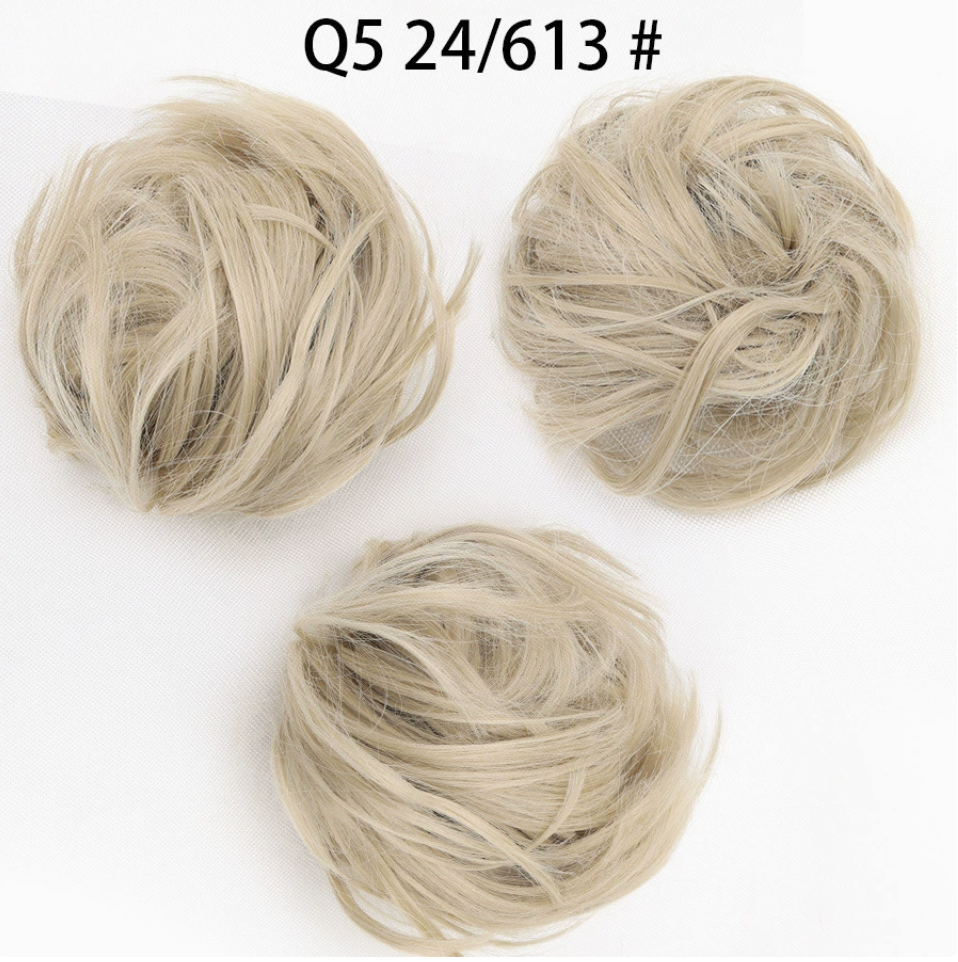 Q5 curly synthetic bun scrunchie, color M24/613; multiple views of one hairpiece. One piece per order.