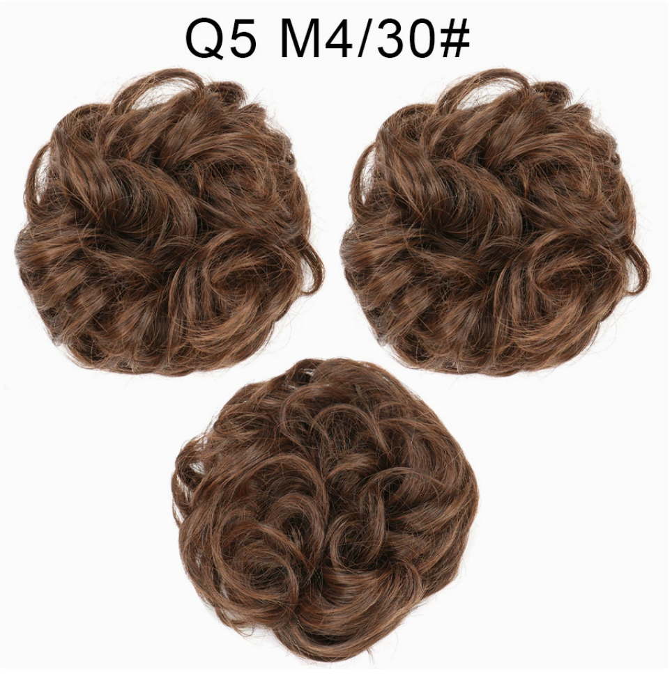 Q5 curly synthetic bun scrunchie, color M4/30; multiple views of one hairpiece. One piece per order.
