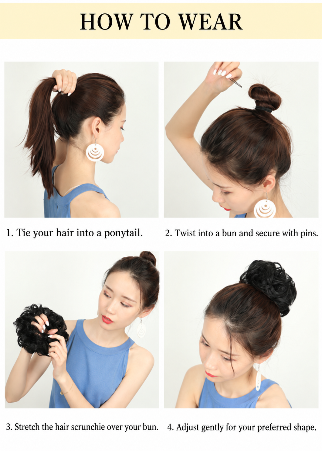 How to wear a curly bun scrunchie in four steps - AI-assisted styling illustration.
