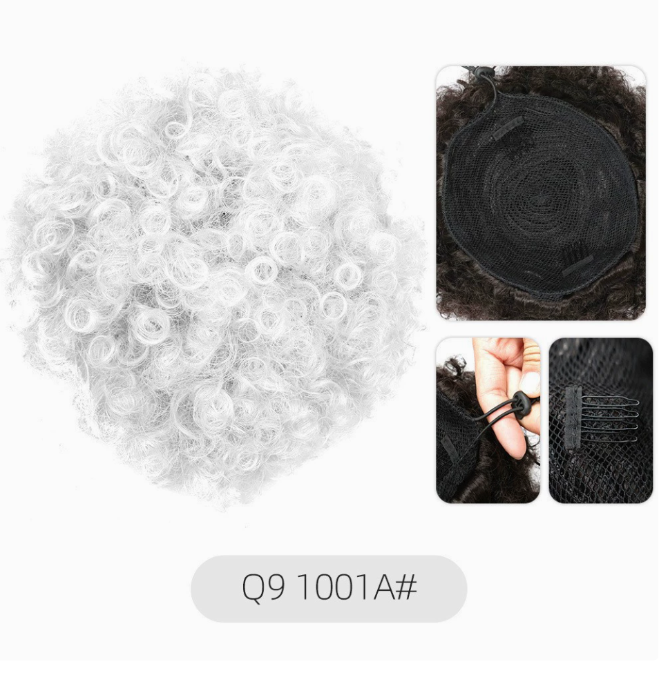 Q9 synthetic afro puff drawstring hair bun, color 1001A. Supplier product and attachment views. One hair bun per order.