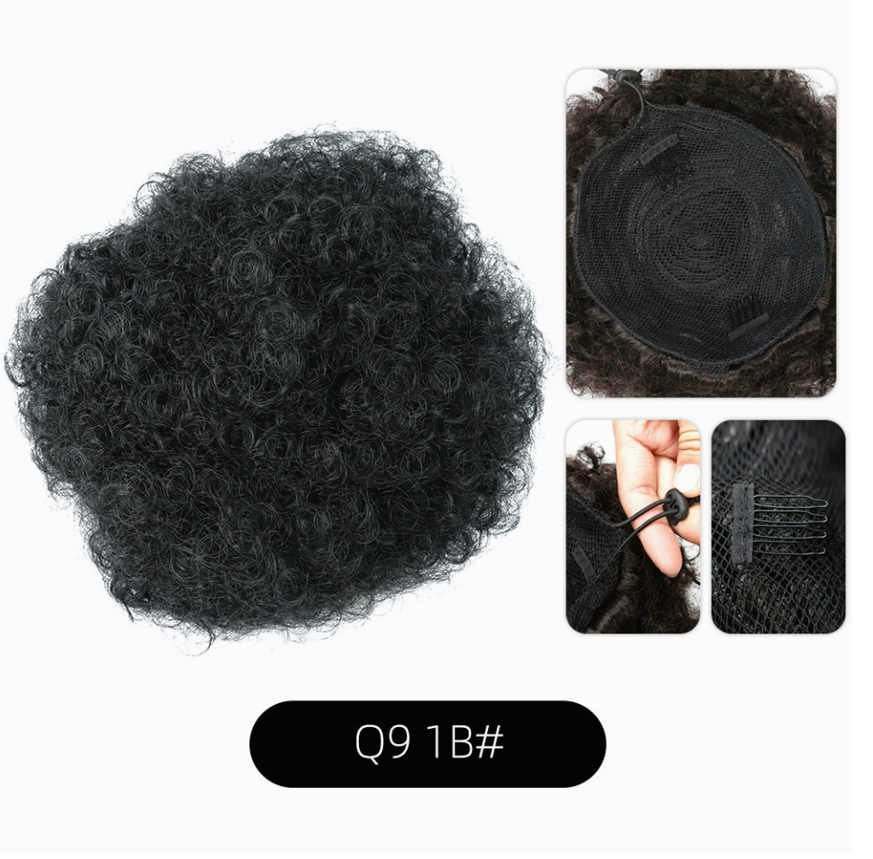 Q9 synthetic afro puff drawstring hair bun, color 1B. Supplier product and attachment views. One hair bun per order.