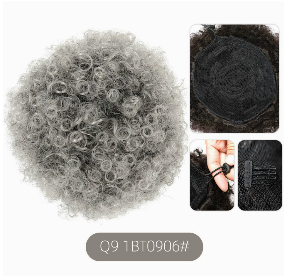 Q9 synthetic afro puff drawstring hair bun, color 1BT0906. Supplier product and attachment views. One hair bun per order.