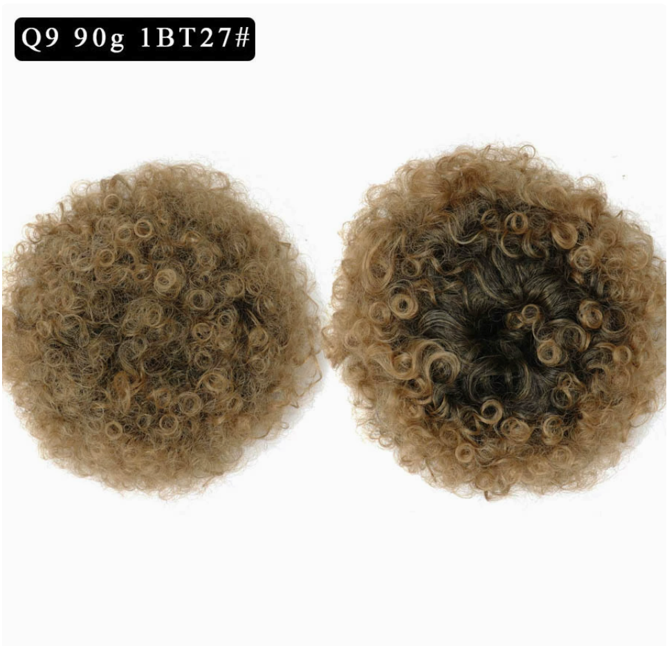 Q9 synthetic afro puff drawstring hair bun, color 1BT27. Supplier product and attachment views. One hair bun per order.