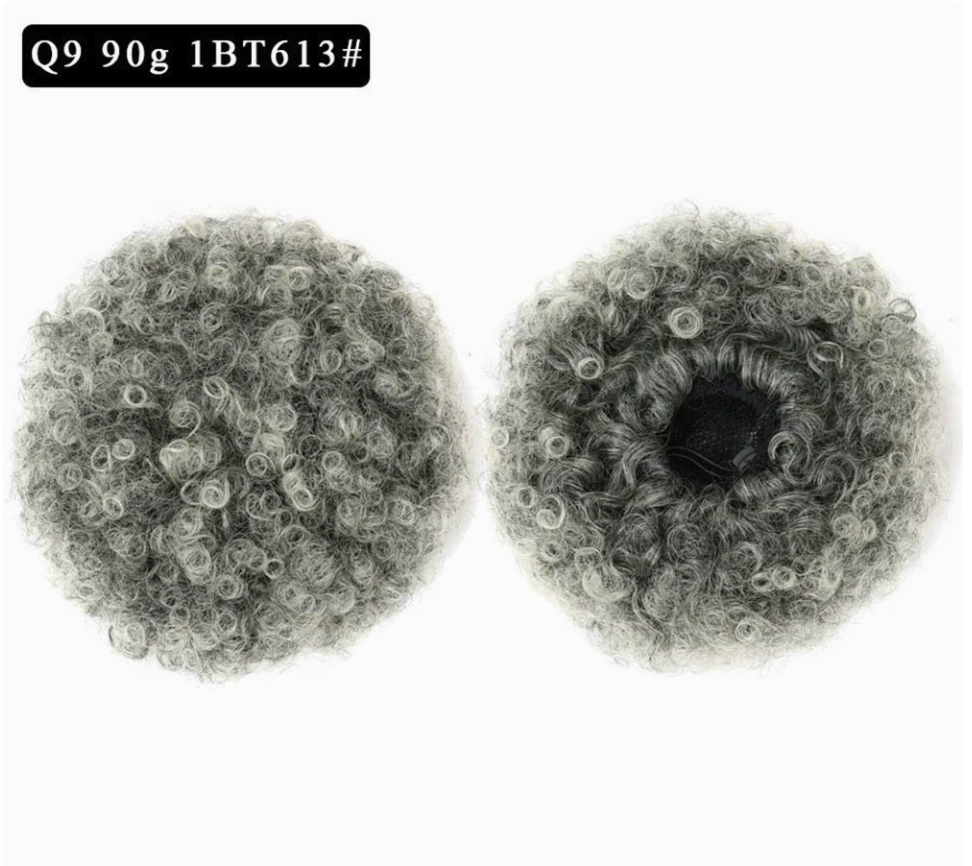 Q9 synthetic afro puff drawstring hair bun, color 1BT613. Supplier product and attachment views. One hair bun per order.