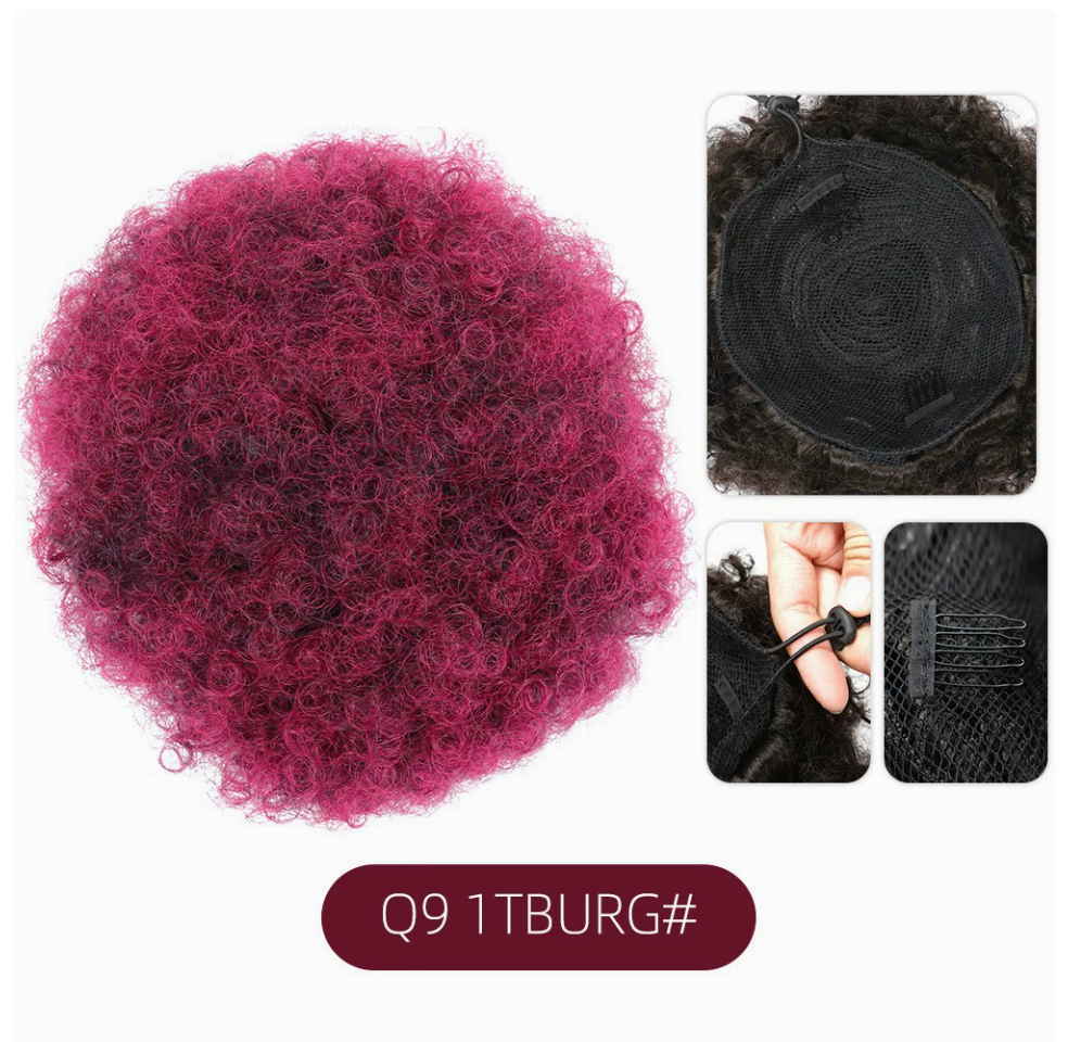 Q9 synthetic afro puff drawstring hair bun, color 1TBURG. Supplier product and attachment views. One hair bun per order.