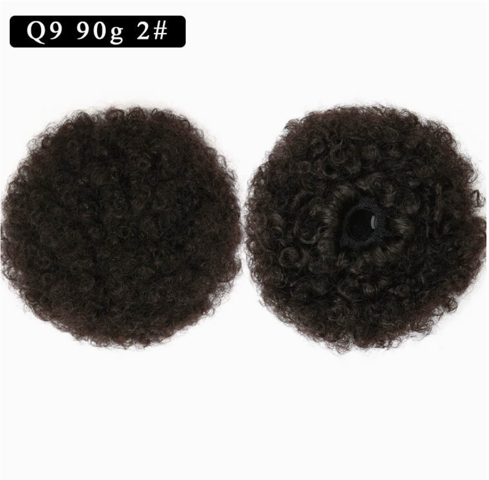 Q9 synthetic afro puff drawstring hair bun, color 2. Supplier product and attachment views. One hair bun per order.