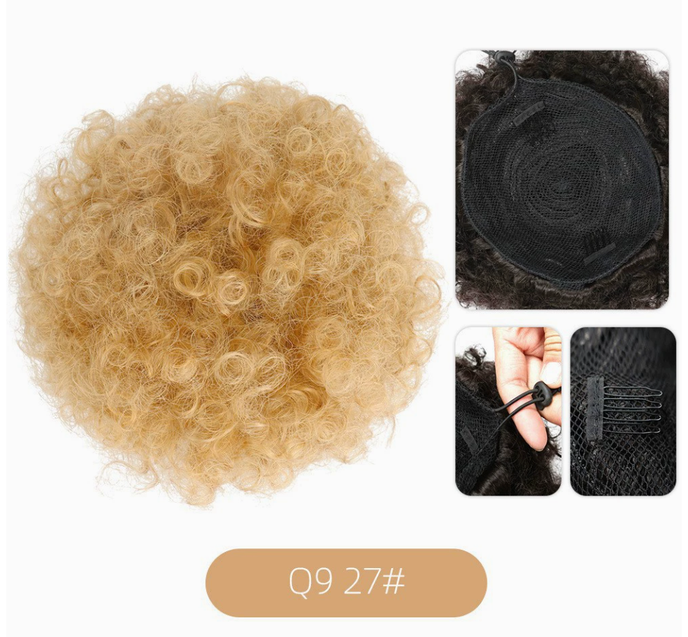 Q9 synthetic afro puff drawstring hair bun, color 27. Supplier product and attachment views. One hair bun per order.