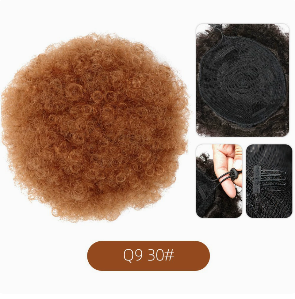 Q9 synthetic afro puff drawstring hair bun, color 30. Supplier product and attachment views. One hair bun per order.