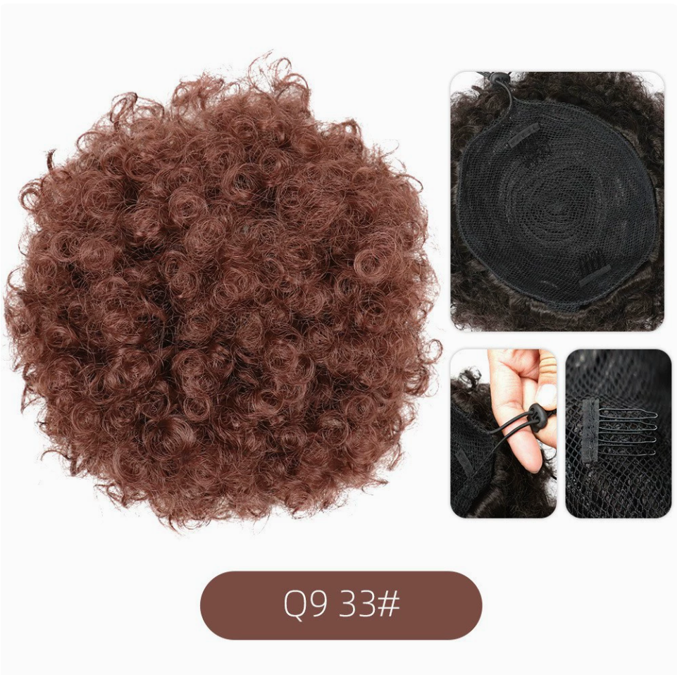 Q9 synthetic afro puff drawstring hair bun, color 33. Supplier product and attachment views. One hair bun per order.