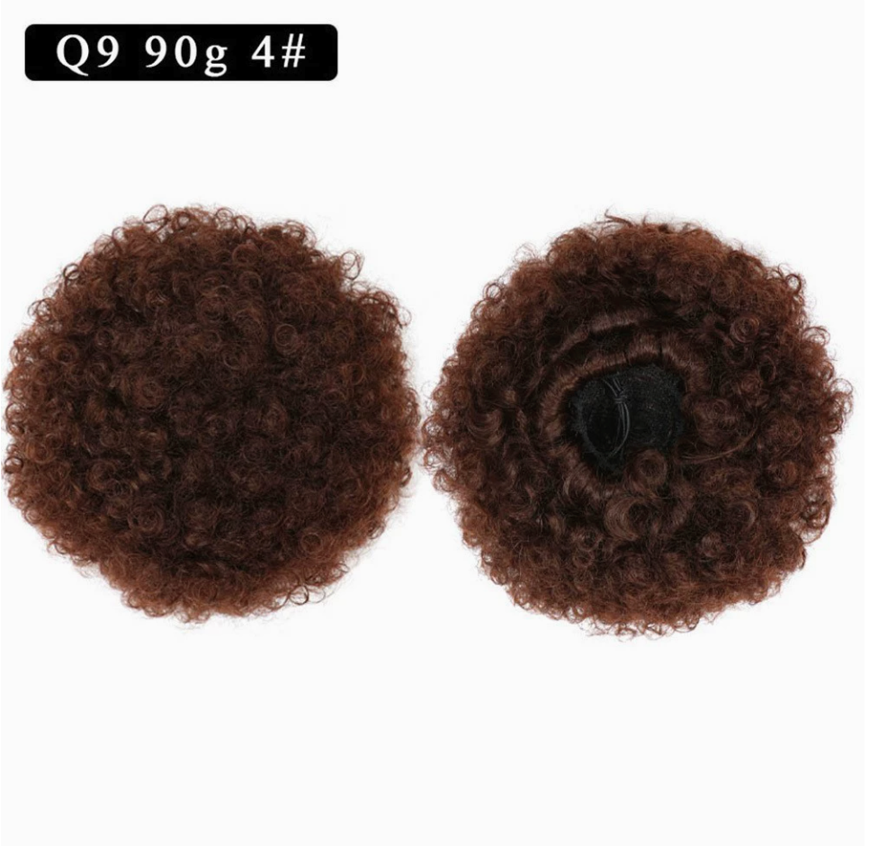 Q9 synthetic afro puff drawstring hair bun, color 4. Supplier product and attachment views. One hair bun per order.