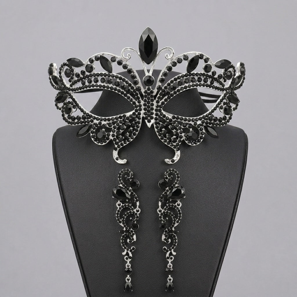 Gothic Rhinestone Masquerade Mask & Earrings Set on a gray background