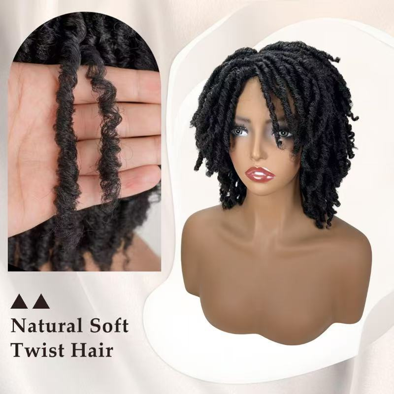 Short synthetic faux locs wig in 1B black with a close-up of the twist texture