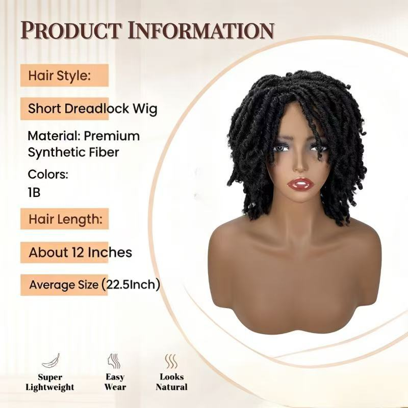 Synthetic short locs wig information: approximately 12-inch length and 22.5-inch average cap
