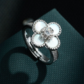 Mother of Pearl Four-Leaf Clover Ring – Adjustable Open Ring with Zirconia, Gold / Silver