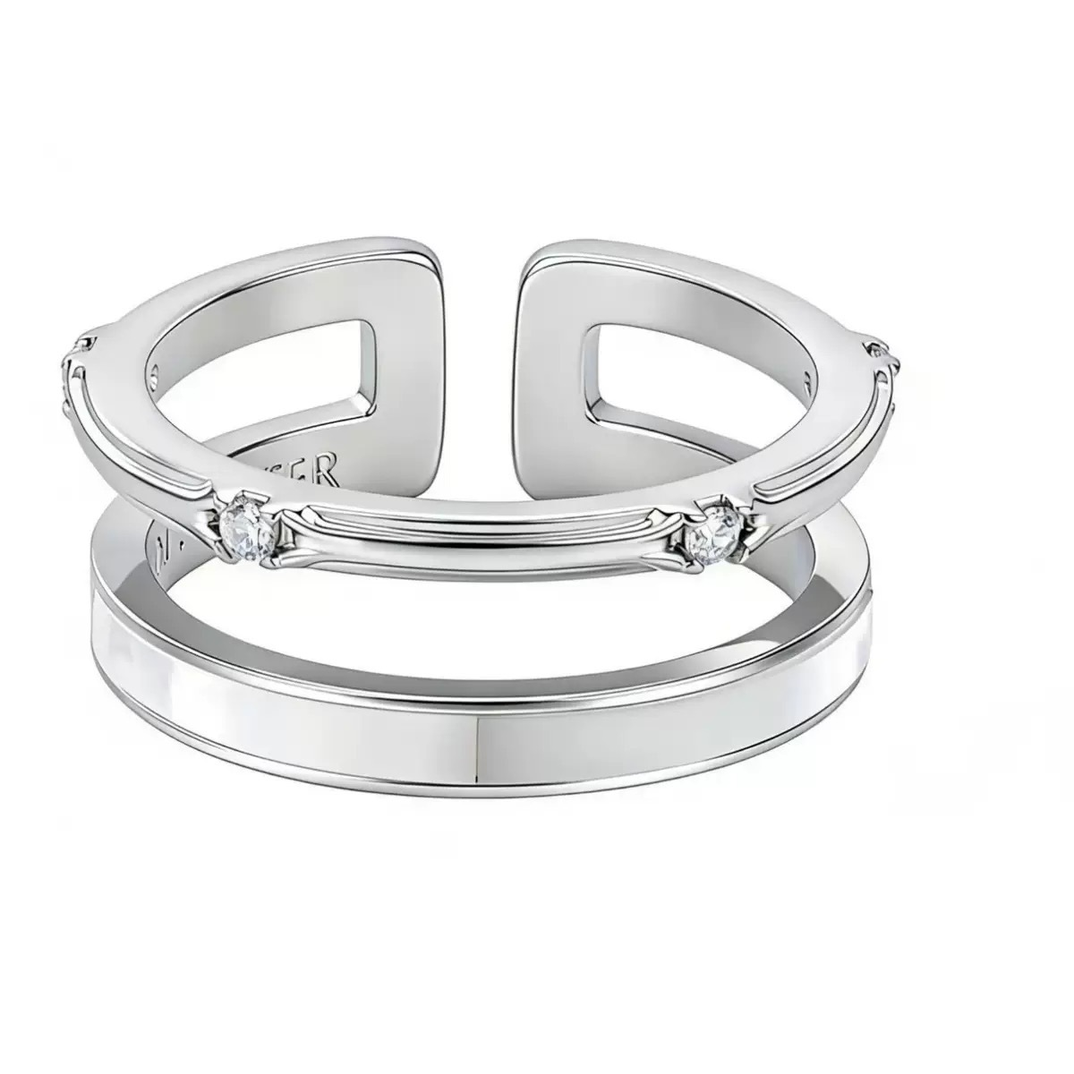 Mother of Pearl Double Band Ring – Adjustable Open Ring with Zirconia Inlay, Titanium Gold / Silver