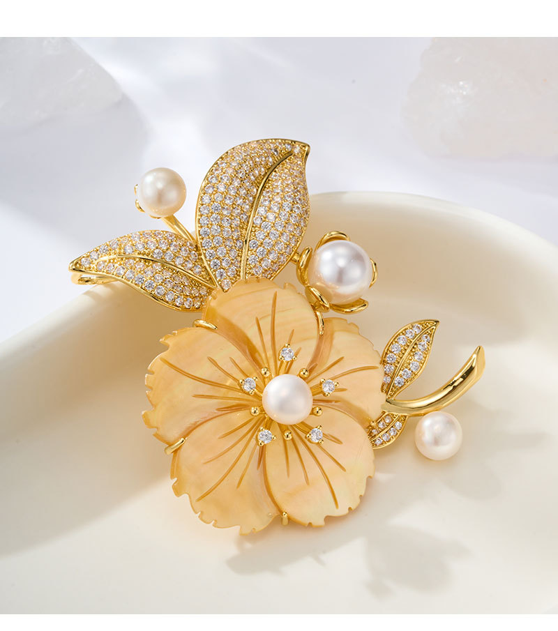 Mother of Pearl Flower Brooch Pin with Freshwater Pearls – Gold-Plated Floral Brooch, Wear as Brooch or Pendant