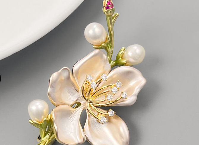 Freshwater Pearl Flower Brooch Pin – Enamel Floral Brooch in 5 Colors, Gold-Plated