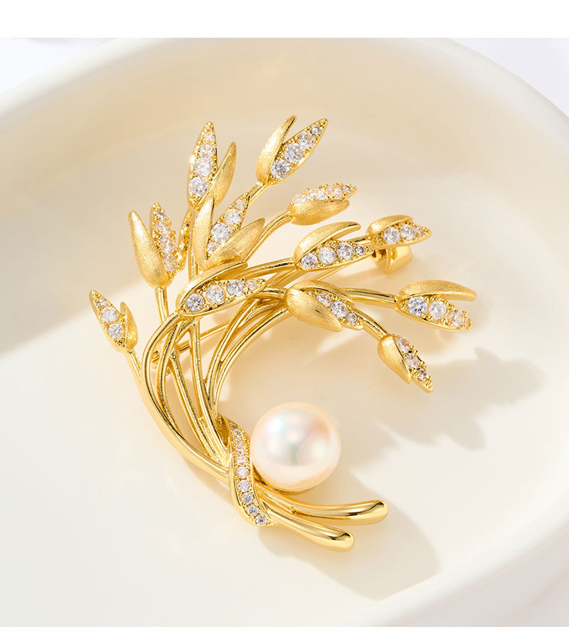 Wheat Ear Brooch Pin with Freshwater Pearl – Crystal Wheat Brooch, Gold/Silver, Wear as Brooch or Pendant