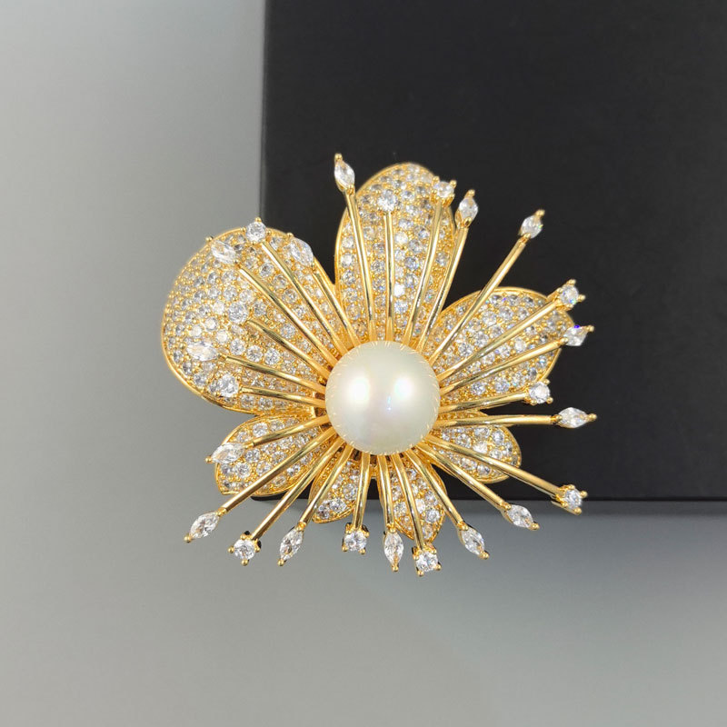 Firework Pearl Brooch Pin – Crystal Chrysanthemum Brooch, Gold Sunburst Pin