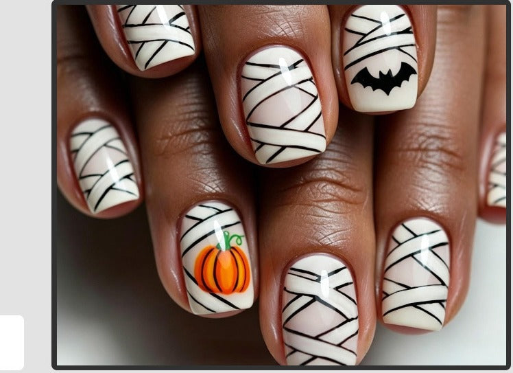 Halloween Press-On Nails – White Mummy, Pumpkin & Bat Designs, 24-Piece Short Set, worn on hand