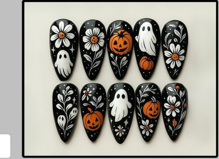 Halloween Press-On Nails – Black Floral Pumpkin & Ghost Designs, 30-Piece Almond Set, worn on hand