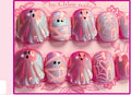 Halloween Press-On Nails – Pink Ghost Aurora, Mummy & Spiderweb Designs, 30-Piece Short Set, worn on hand