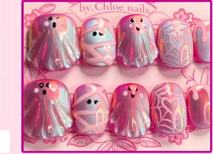 Halloween Press-On Nails – Pink Ghost Aurora, Mummy & Spiderweb Designs, 30-Piece Short Set, worn on hand