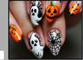 Halloween Press-On Nails – Ghost, Pumpkin & Spiderweb on Nude, 24-Piece Almond Set, worn on hand