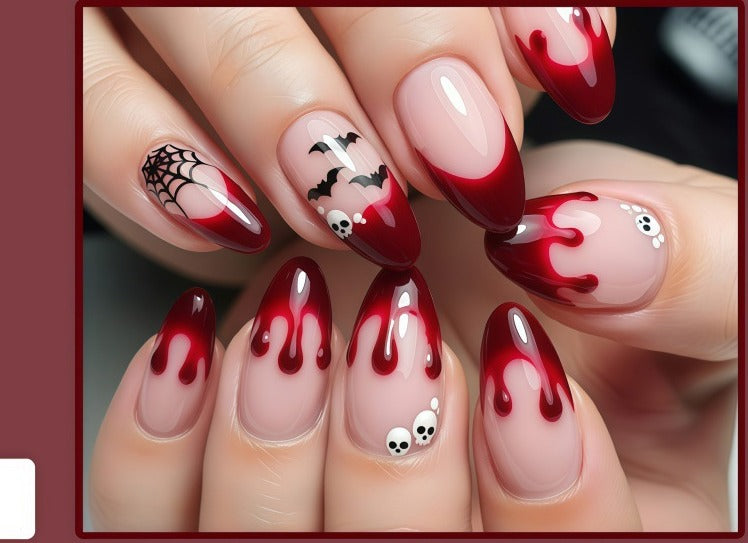 Halloween Press-On Nails – Bloody Drip Red Almond Nails, 24-Piece Medium Set, worn on hand