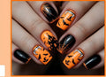 Halloween Press-On Nails – Orange & Black Bat, Haunted House Designs, 24-Piece Short Set, worn on hand
