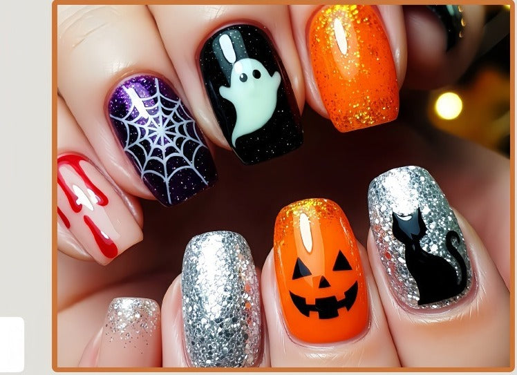 Halloween Press-On Nails – Glitter Ghost, Pumpkin & Black Cat Designs, 24-Piece Short Set, worn on hand