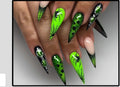 Halloween Press-On Nails – Green Spider & Spiderweb Stiletto, 24-Piece Long Set, worn on hand